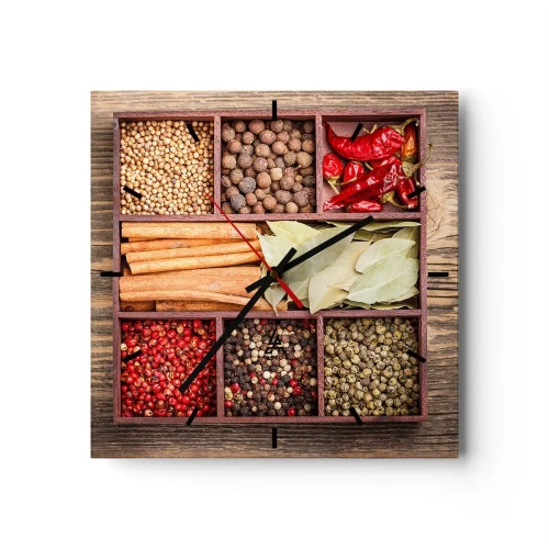Horloge murale - Pendule murale - Boîte en bois avec diverses épices dans des compartiments - 30x30cm - Ordre des formes, bouquet d'arômes - Décoration murale moderne pour le salon et la chambre ARTTOR