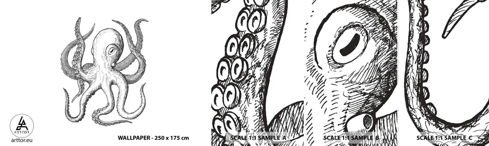 Échantillon De Papier Peint Standard Eco - Dansant avec les vagues - Pieuvre, Dessin, Bord de mer - 100x30 cm