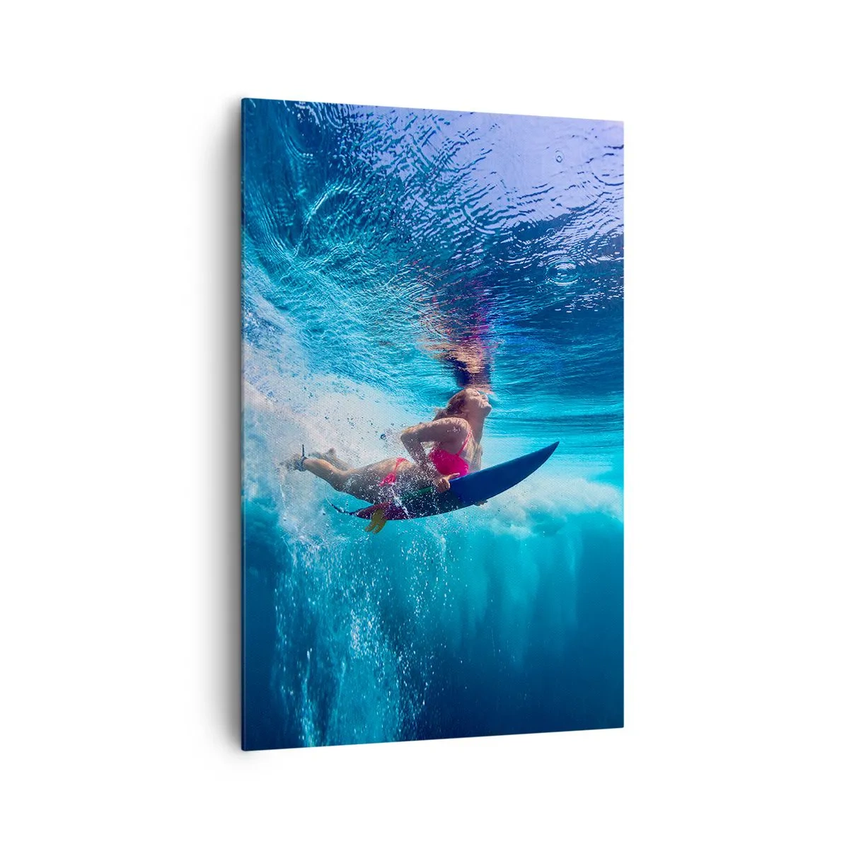 Impression sur toile - Image sur toile - Un surfeur sous l'eau dans une composition dynamique aux tons bleus. - 80x120cm - Joie profonde - Décoration murale moderne pour le salon et la chambre ARTTOR