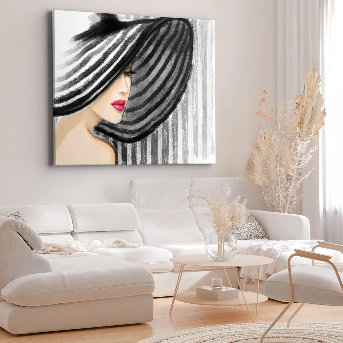 Impression sur toile - Image sur toile - Femme portant un chapeau noir et blanc avec une touche rouge - 100x70cm - Où te chercher ? - Décoration murale moderne pour le salon et la chambre ARTTOR