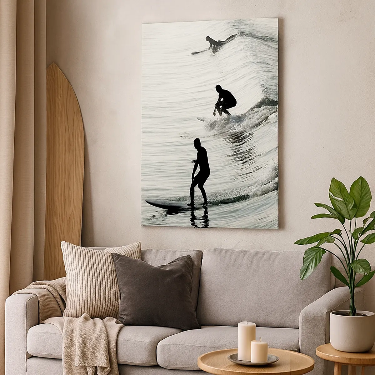 Impression sur toile - Image sur toile - Surfeurs sur les vagues dans une photo monochrome - 50x70cm - A la rencontre de la vague - Décoration murale moderne pour le salon et la chambre ARTTOR