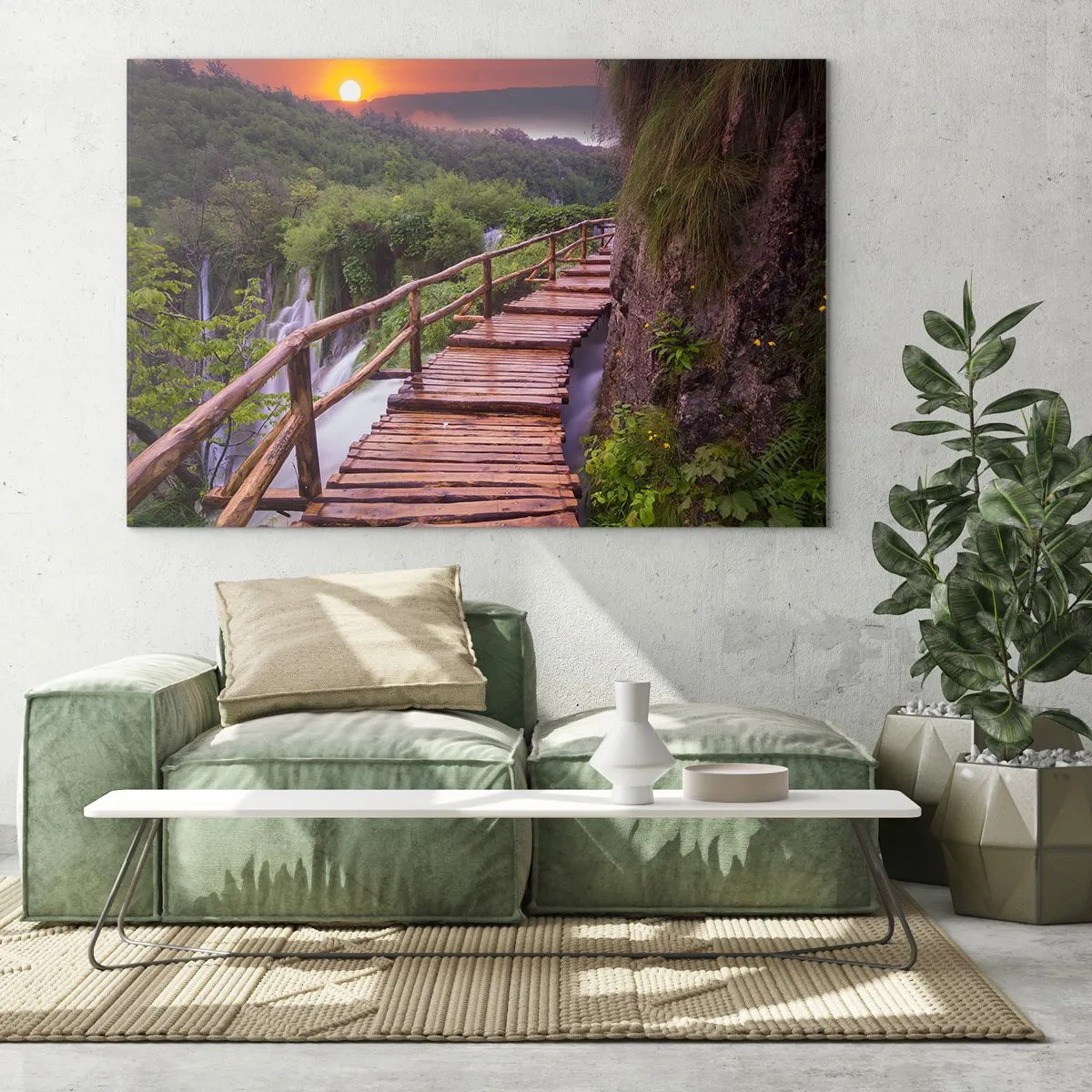 Impression sur verre - Image sur verre - Un chemin en bois parmi la verdure au coucher du soleil - 70x50cm - La beauté au-delà de la croyance - Décoration murale moderne pour le salon et la chambre ARTTOR