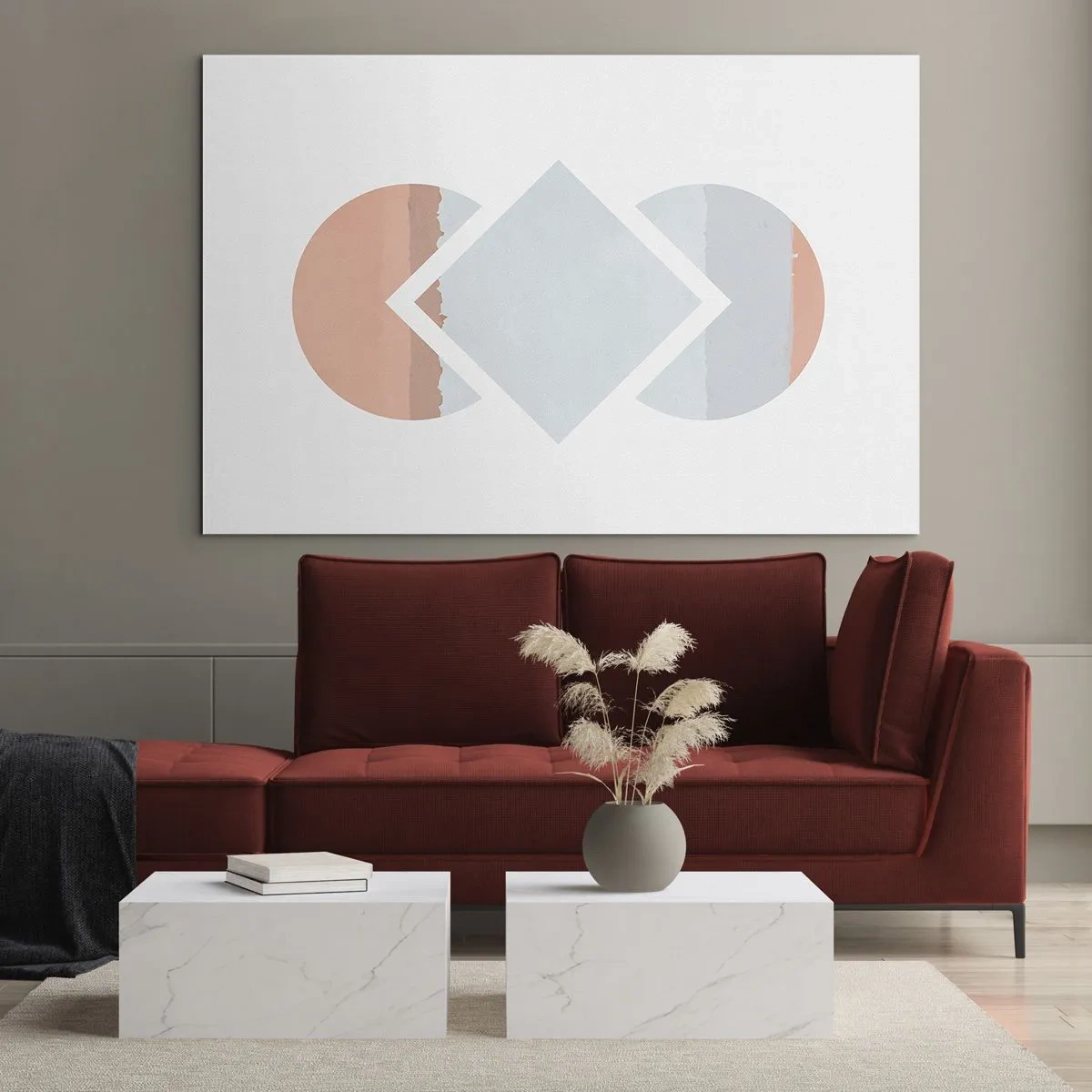 Impression sur verre - Image sur verre - Un losange pastel au centre entre les demi-cercles sur fond blanc. - 100x70cm - La situation est clair - Décoration murale moderne pour le salon et la chambre ARTTOR