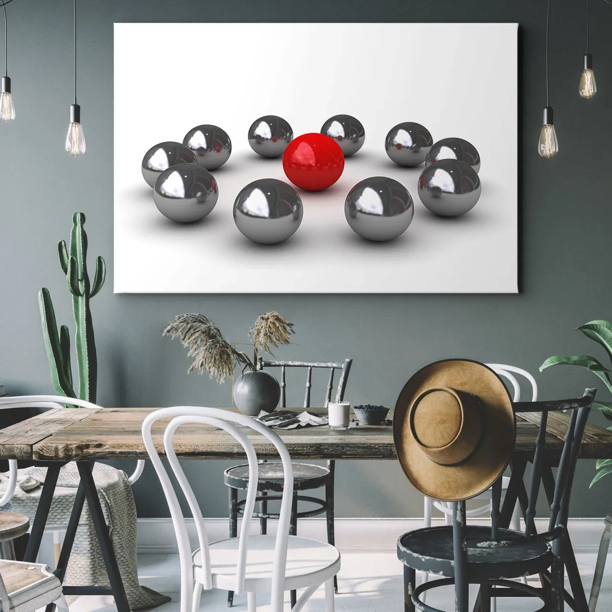 Impression sur toile - Image sur toile - Une boule rouge entourée de boules argentées sur fond blanc - 120x80cm - Un cercle en argent et rouge - Décoration murale moderne pour le salon et la chambre ARTTOR