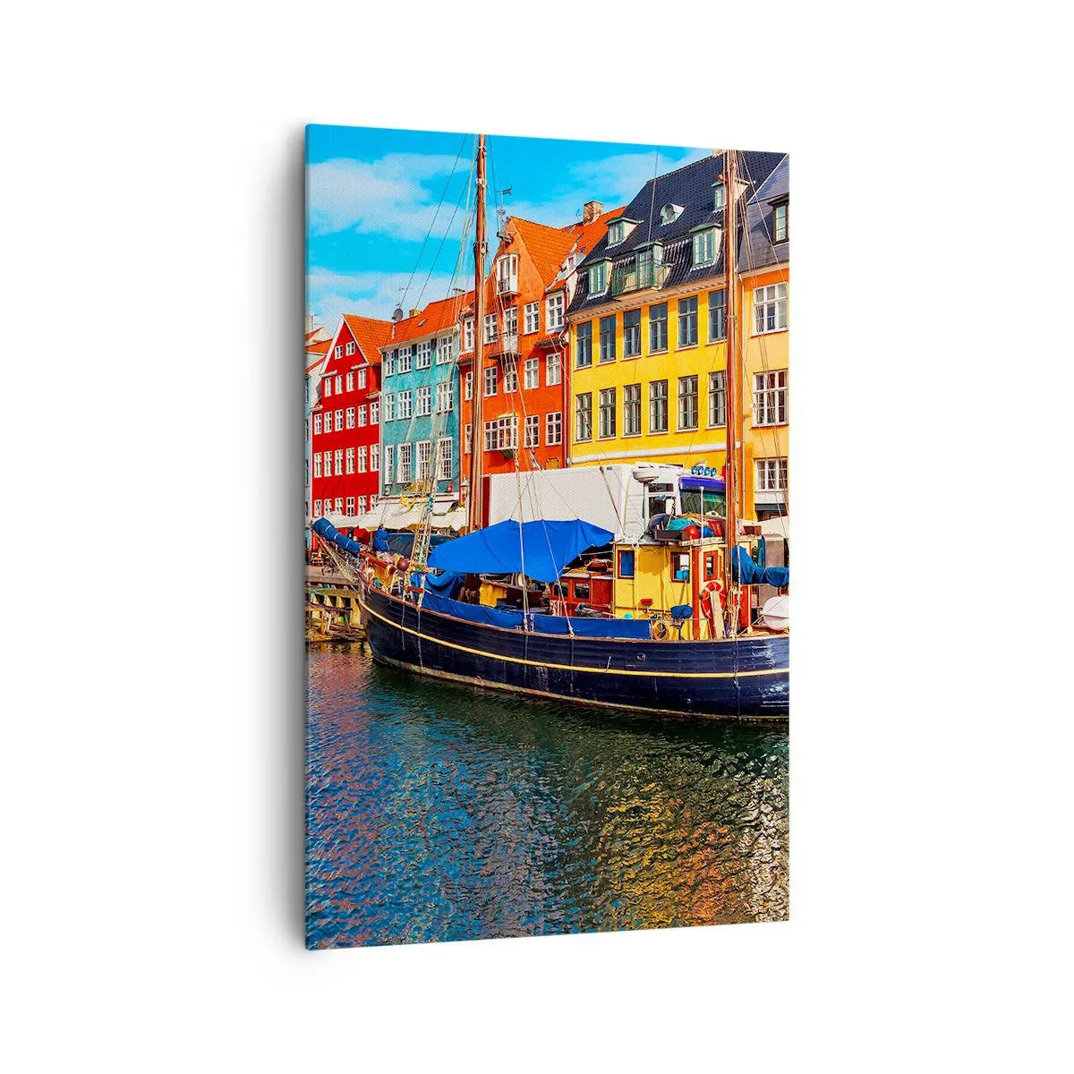 Impression sur toile - Image sur toile - Maisons colorées sur le canal avec des bateaux au soleil - 80x120cm - Quai joyeux - Décoration murale moderne pour le salon et la chambre ARTTOR