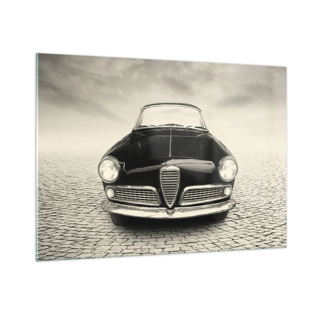 Impression sur verre - Image sur verre - Voiture classique sur une route pavée en noir et blanc - 100x70cm - Et alors! Tu ne m'aime pas? - Décoration murale moderne pour le salon et la chambre ARTTOR