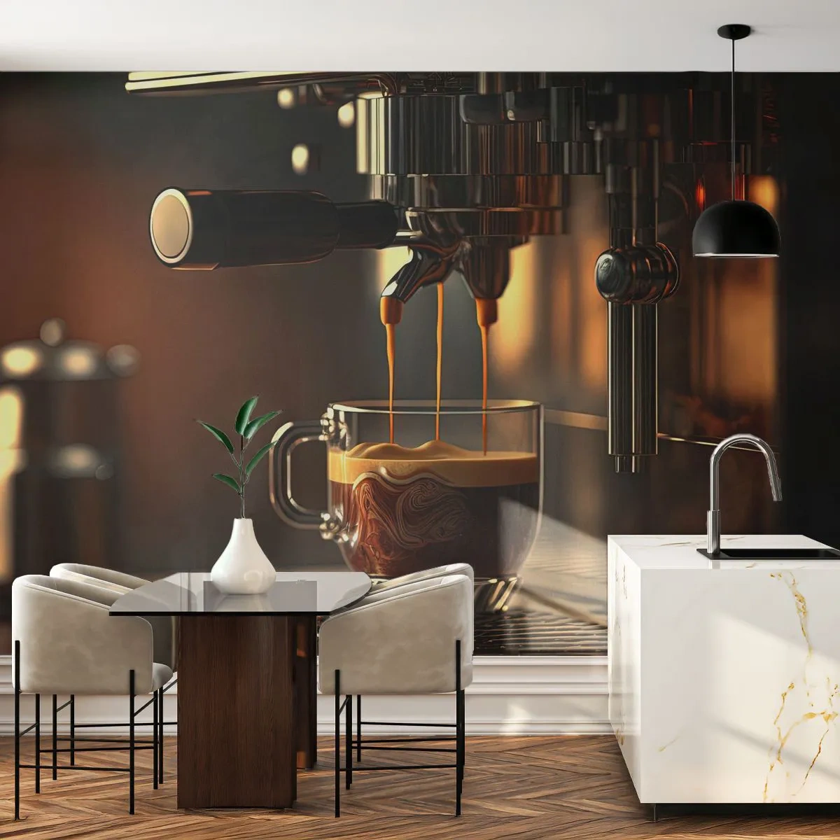 Papier Peint Photo Premium Sand - Une machine à café avec une tasse d'espresso dans un intérieur élégant - 100x70cm - Un mélange sensuel - Décoration murale moderne pour le salon et la chambre ARTTOR