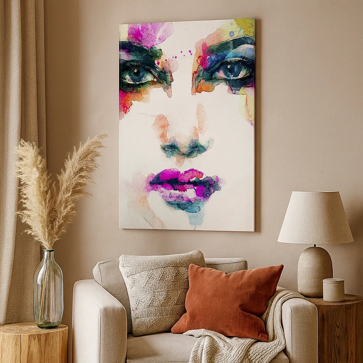 Impression sur toile - Image sur toile - Portrait abstrait d'une femme aux couleurs intenses - 50x70cm - Un portrait peint avec un arc-en-ciel - Décoration murale moderne pour le salon et la chambre ARTTOR