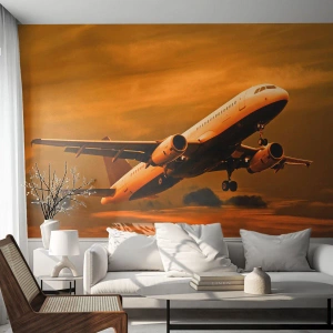 Papier Peint Autocollant Deluxe Sticker - Vol vers le soleil - Avion, Voyage, Coucher de soleil - 100x70 cm
