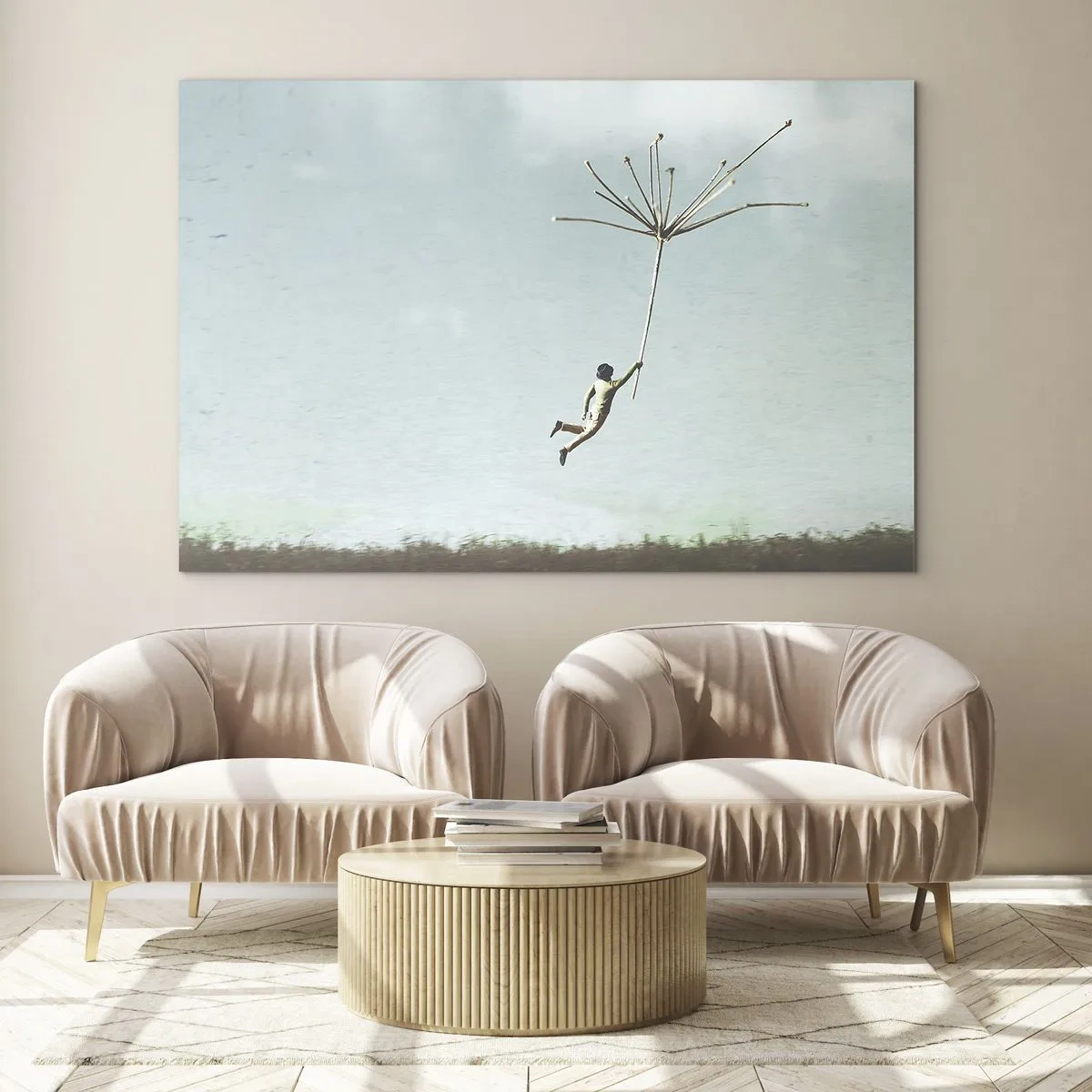 Impression sur verre - Image sur verre - Un garçon volant avec une graine de pissenlit au-dessus d'une prairie - 120x80cm - Cerfs-volants, pissenlits, vent - Décoration murale moderne pour le salon et la chambre ARTTOR