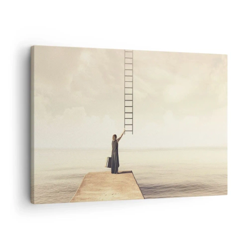 Impression sur toile - Image sur toile - Une femme debout sur une jetée avec une échelle menant au ciel - 70x50cm - Voyage magique - Décoration murale moderne pour le salon et la chambre ARTTOR