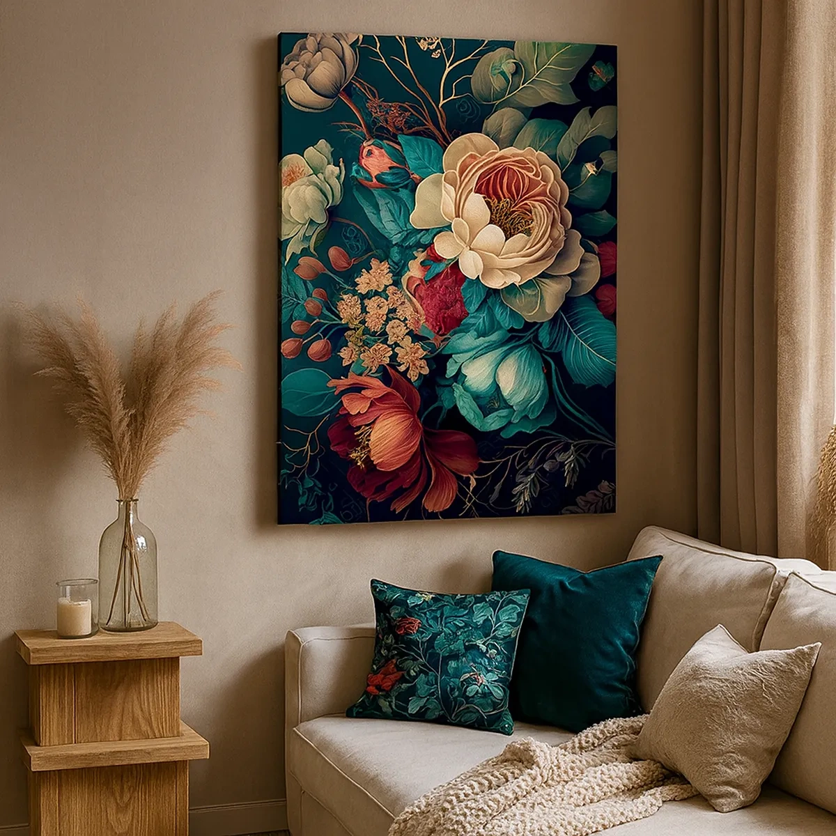 Impression sur toile - Image sur toile - Une composition colorée de fleurs sur un fond sombre - 50x70cm - le charme du 19ème siècle - Décoration murale moderne pour le salon et la chambre ARTTOR
