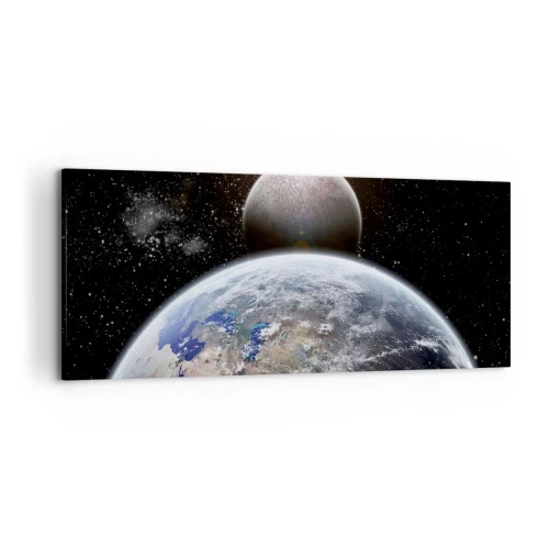 Impression sur toile - Image sur toile - La planète Terre et la Lune sur fond d'espace étoilé. - 120x50cm - Paysage cosmique - lever de soleil - Décoration murale moderne pour le salon et la chambre ARTTOR
