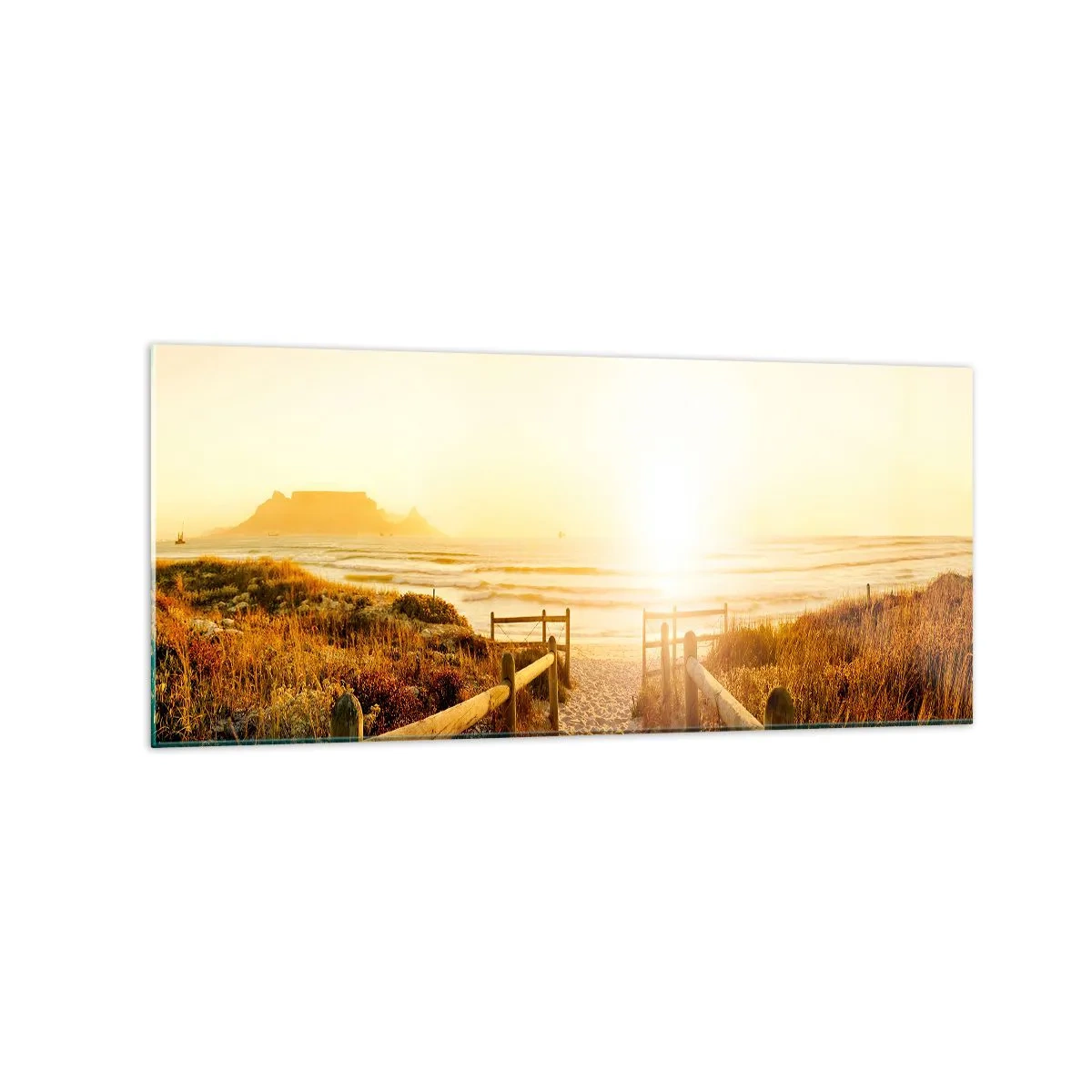 Impression sur verre - Image sur verre - Chemin vers la plage pendant un coucher de soleil doré - 120x50cm - A travers la dune, vers le soleil - Décoration murale moderne pour le salon et la chambre ARTTOR