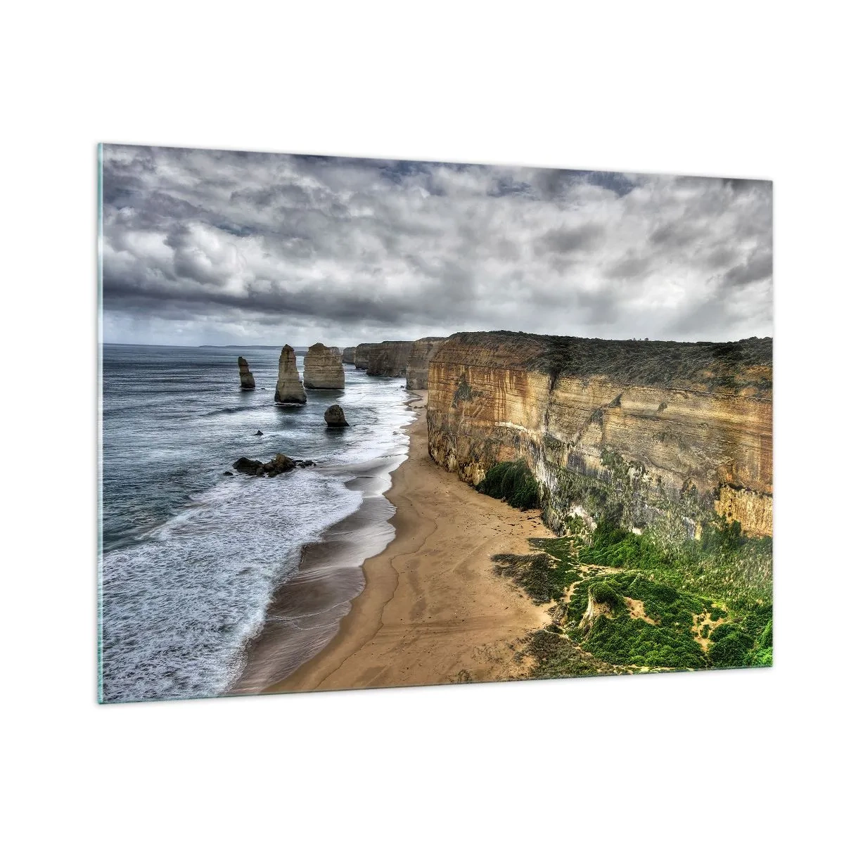 Impression sur verre - Image sur verre - Falaises surplombant l'océan et la plage sous un ciel nuageux - 100x70cm - Beauté brute - Décoration murale moderne pour le salon et la chambre ARTTOR