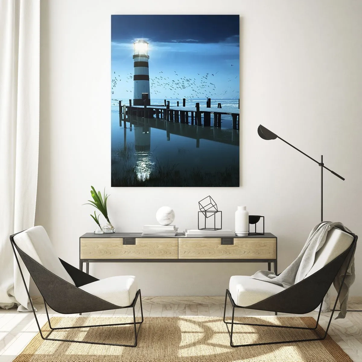 Impression sur verre - Image sur verre - Un phare entouré d'eau calme et d'oiseaux - 50x70cm - Et tu n'as pas peur du noir - Décoration murale moderne pour le salon et la chambre ARTTOR