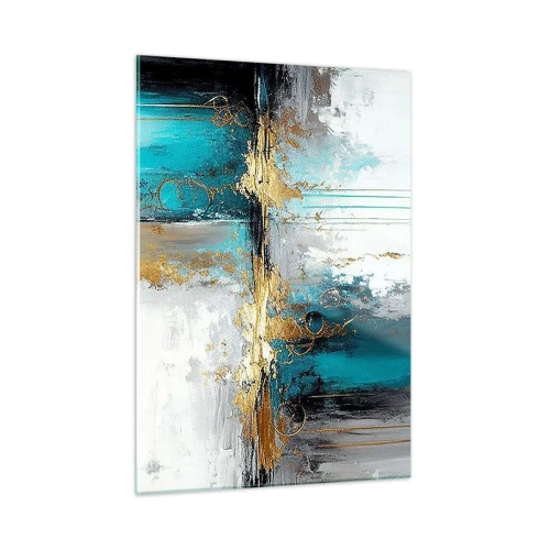 Impression sur verre - Image sur verre - Abstraction avec turquoise et or sur fond blanc - 50x70cm - Tout coule - Décoration murale moderne pour le salon et la chambre ARTTOR