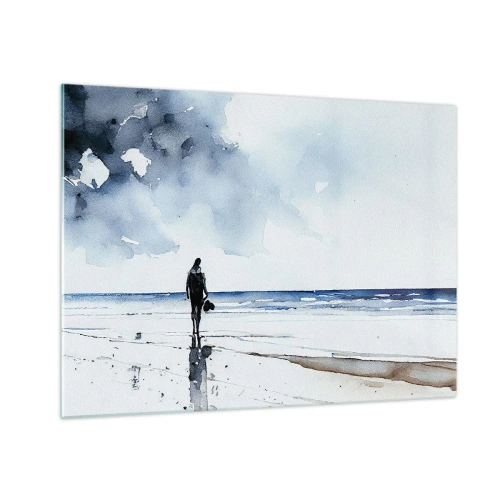 Impression sur verre - Image sur verre - Silhouette d'une personne au bord de la mer dans une aquarelle délicate - 70x50cm - Conversation avec la mer - Décoration murale moderne pour le salon et la chambre ARTTOR