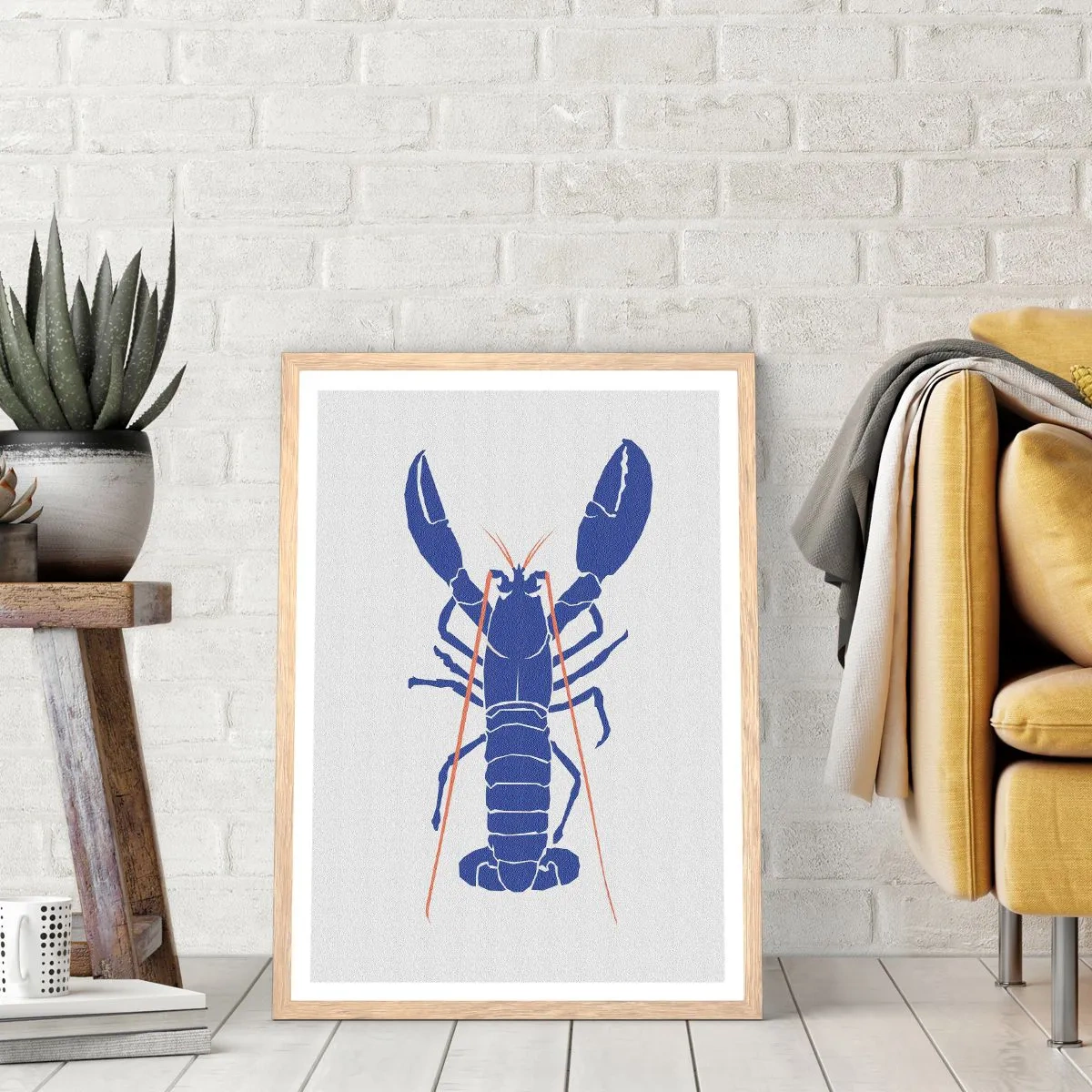 Affiche dans un chêne clair - Poster - Homard exquis en bleu marine - 40x50 cm