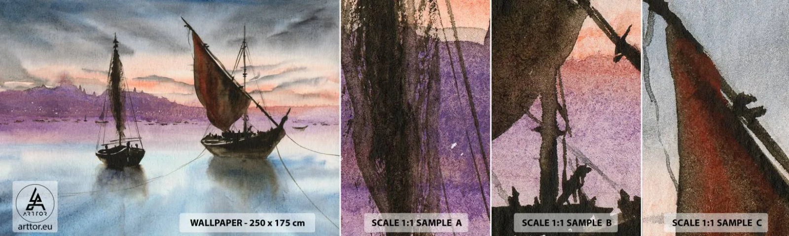 Échantillon de Papier Peint Autocollant Deluxe Sticker - Soirée au port - Voiliers, Bord de mer, Paysage - 100x30 cm