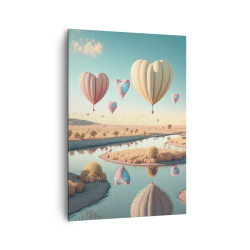 Impression sur toile - Image sur toile - Des ballons en forme de cœur flottant au-dessus du paysage - 70x100cm - L'amour te permet de t'élever - Décoration murale moderne pour le salon et la chambre ARTTOR