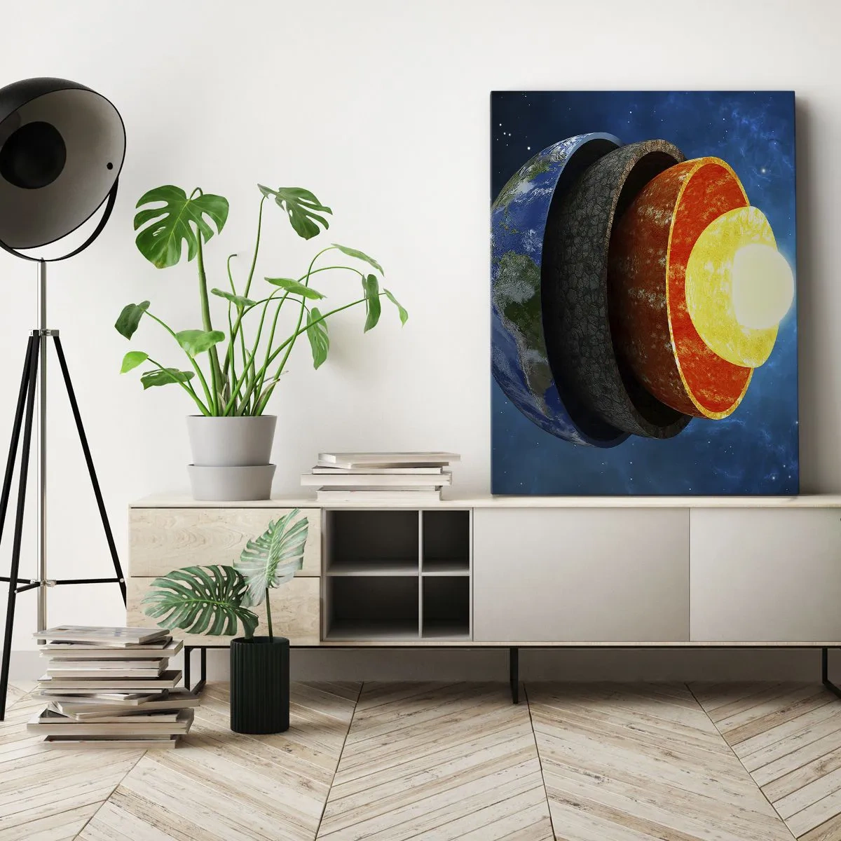 Impression sur toile - Image sur toile - Une coupe transversale de la Terre montrant ses couches dans l'espace. - 70x100cm - Voyage au centre de la terre - Décoration murale moderne pour le salon et la chambre ARTTOR