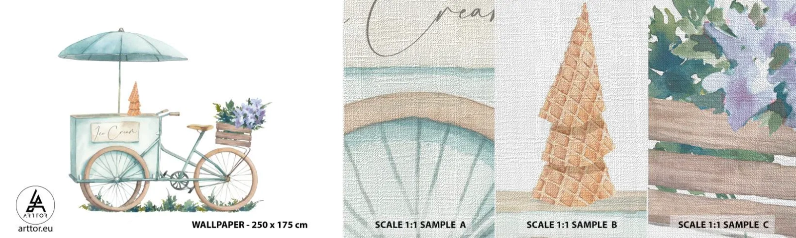 Échantillon de Papier Peint Premium Canvas - Doux souvenir d'été - Pastel, Glace, Vélo - 100x30 cm