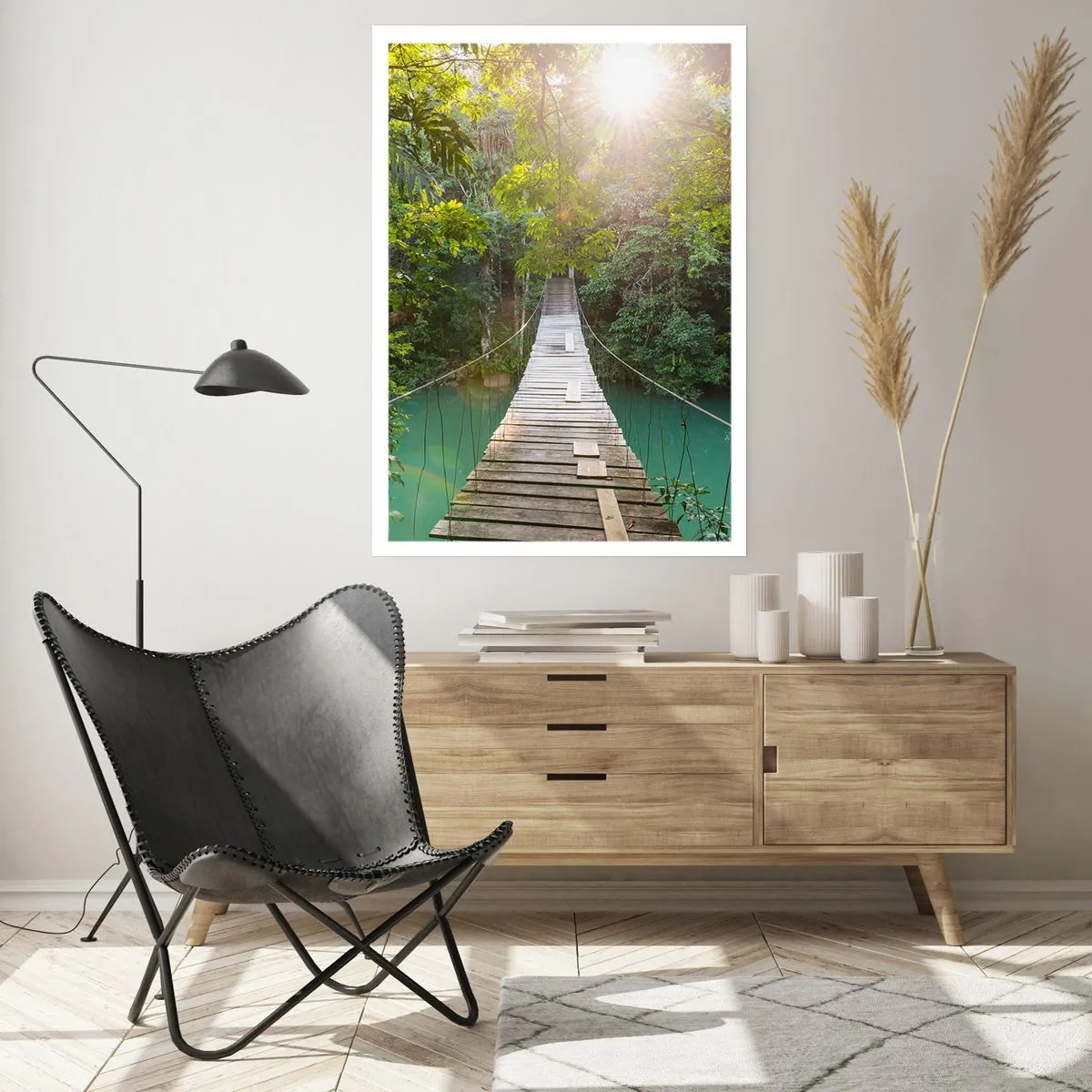 Affiche - Poster - Pont en bois dans une forêt tropicale avec des rayons de soleil - 50x70cm - De l'eau azur à la forêt azur - Décoration murale moderne pour le salon et la chambre ARTTOR