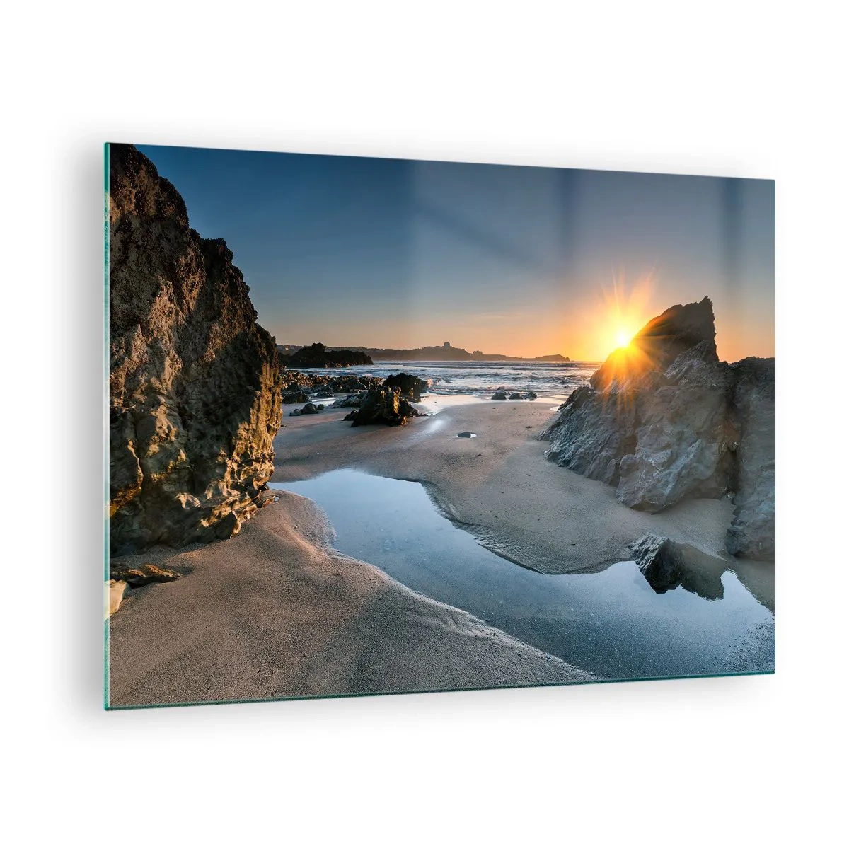 Impression sur verre - Image sur verre - Plage au lever du soleil avec des rochers et de l'eau pittoresques - 70x50cm - Intouché par la main de l'homme - Décoration murale moderne pour le salon et la chambre ARTTOR