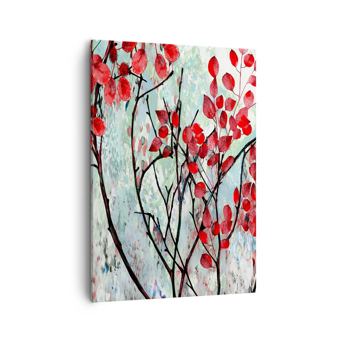 Impression sur toile - Image sur toile - Feuilles rouges sur un ciel lumineux avec des motifs abstraits - 50x70cm - Arbre en écarlate - Décoration murale moderne pour le salon et la chambre ARTTOR