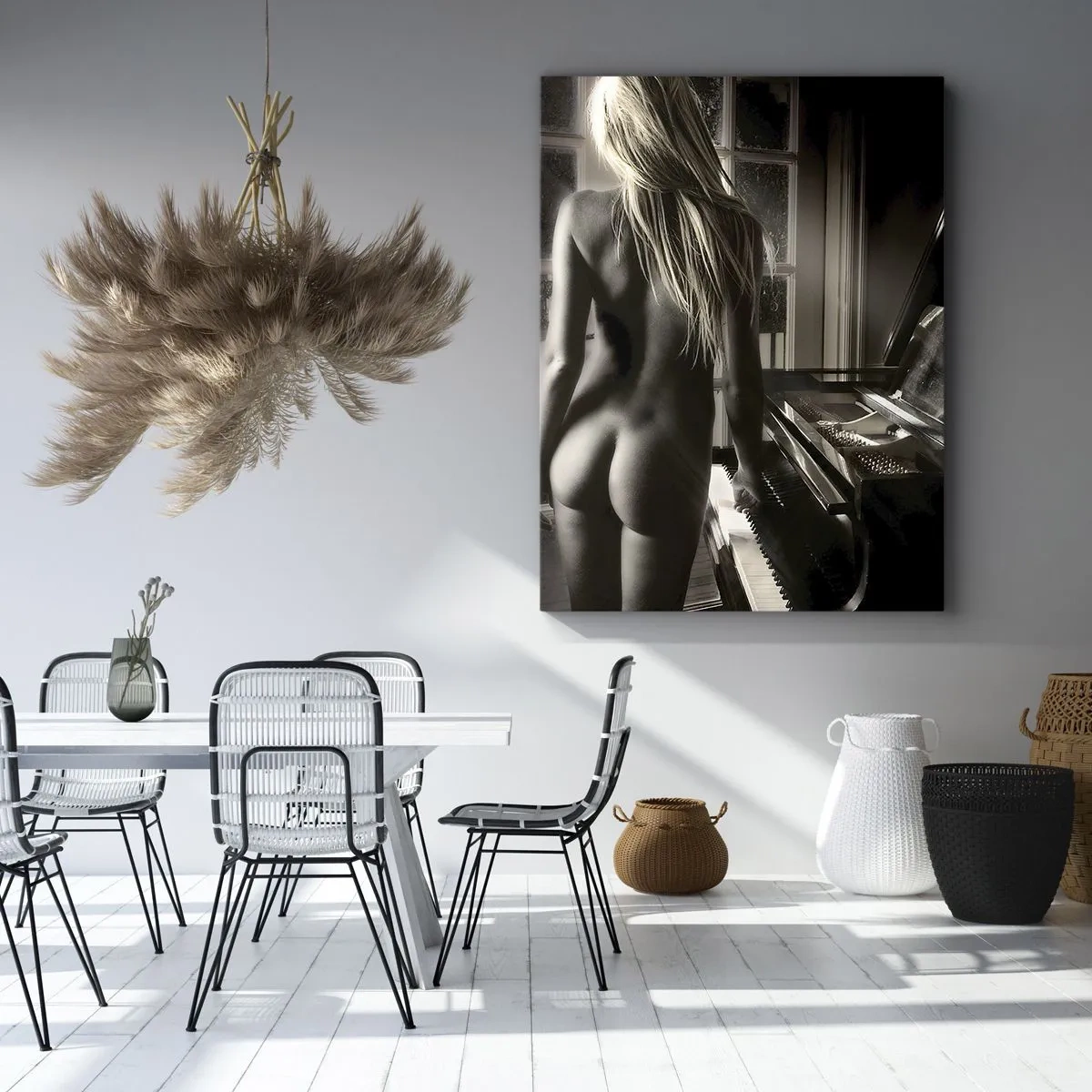 Impression sur toile - Image sur toile - Nu féminin au piano en noir et blanc - 80x120cm - Harmonie parfaite du soir - Décoration murale moderne pour le salon et la chambre ARTTOR
