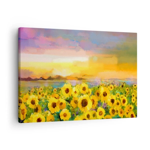 Impression sur toile - Image sur toile - Un champ de tournesols à la lumière du soleil couchant - 70x50cm - Le soleil lui-même est descendu sur terre - Décoration murale moderne pour le salon et la chambre ARTTOR