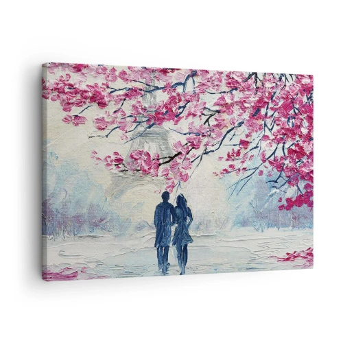 Impression sur toile - Image sur toile - Un couple sous des arbres roses en fleurs dans un cadre romantique - 70x50cm - Ballade romantique - Décoration murale moderne pour le salon et la chambre ARTTOR