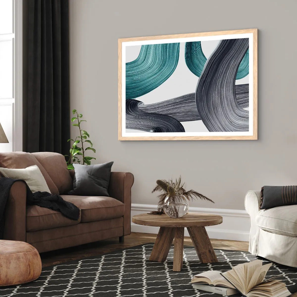Affiche dans un chêne clair - Poster - Sentiers émeraude et noirs - 100x70 cm
