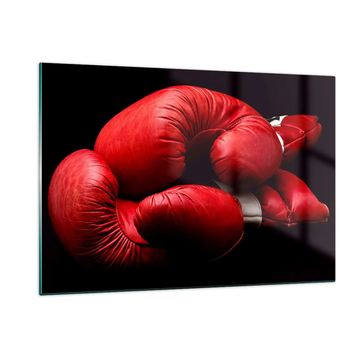 Impression sur verre - Image sur verre - Gants de boxe rouges sur fond noir - 120x80cm - Les émotions du combat sont derrière nous - Décoration murale moderne pour le salon et la chambre ARTTOR