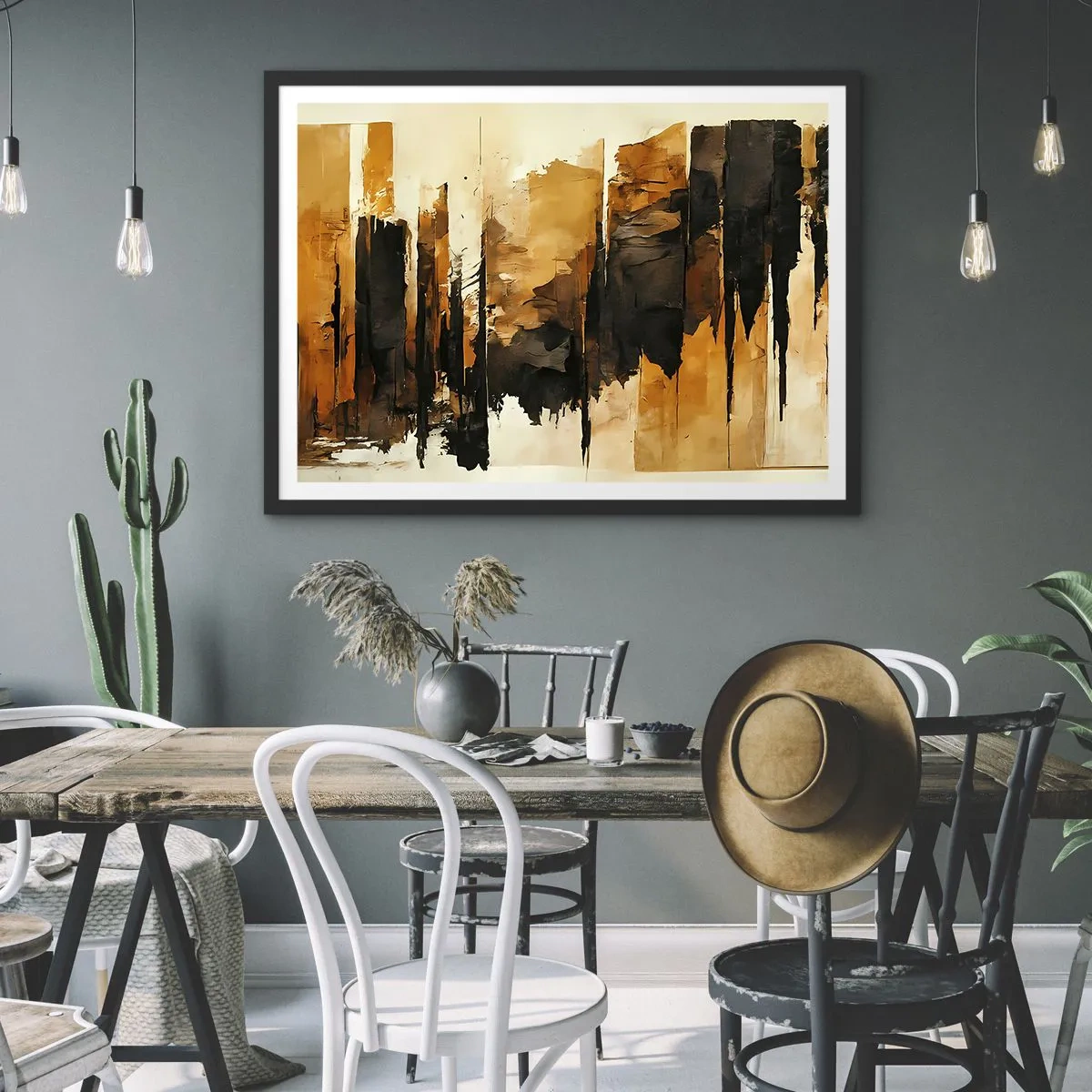 Affiche dans un cadre noir - Poster - Rayures abstraites dorées et noires dans une composition artistique - 70x50cm - Harmonie de noir et d'or - Décoration murale moderne pour le salon et la chambre ARTTOR