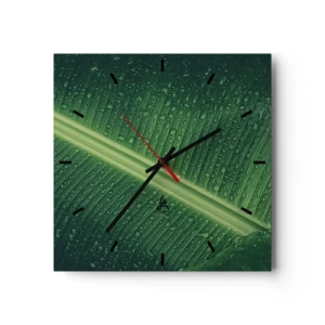 Horloge murale - Pendule murale - Une feuille verte avec des gouttes d'eau à sa surface - 30x30cm - Structure de vert - Décoration murale moderne pour le salon et la chambre ARTTOR