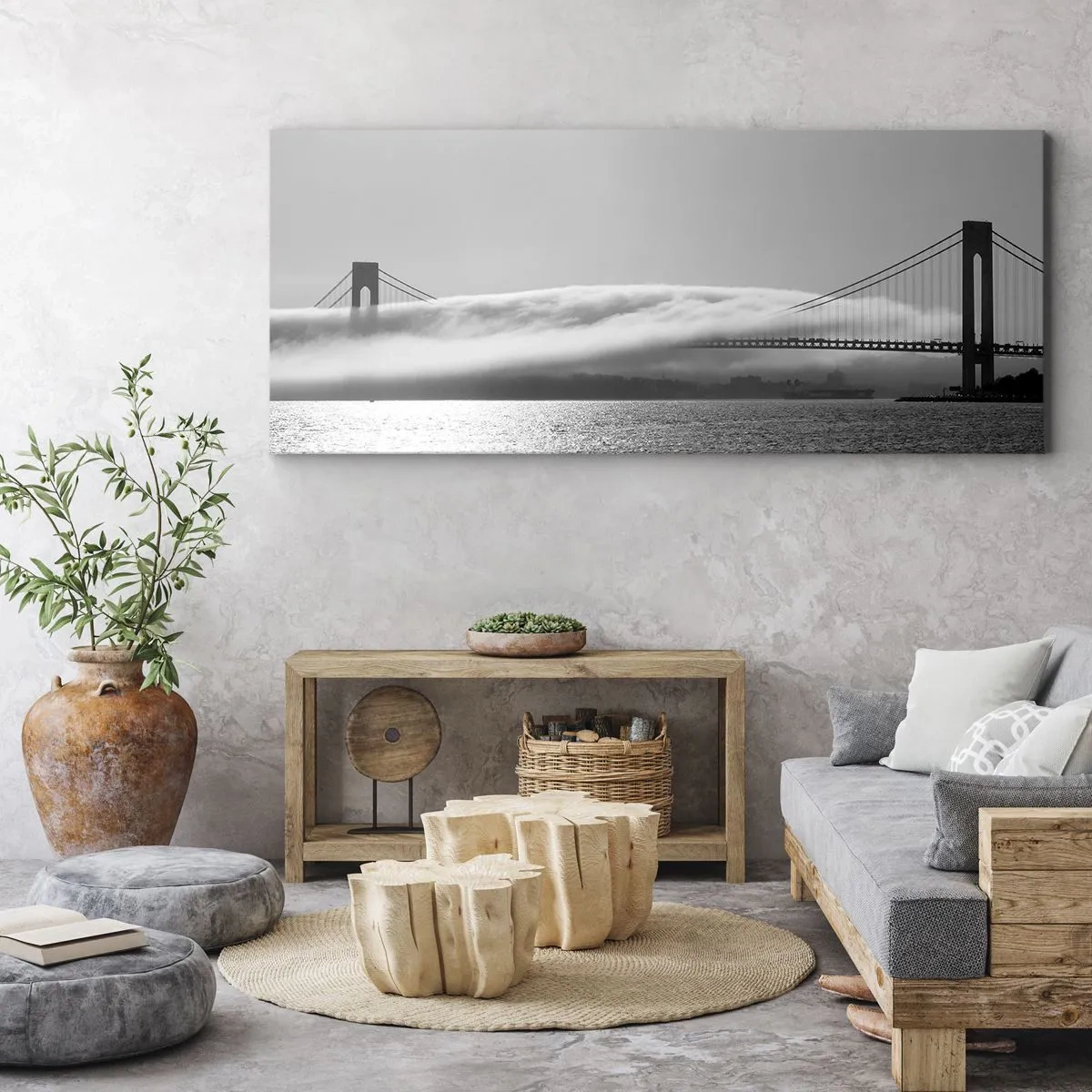 Impression sur toile - Image sur toile - Un pont sur l'eau enveloppé de brouillard dans une photo en noir et blanc - 120x50cm - Naviguez à travers les Portes des Étoiles - Décoration murale moderne pour le salon et la chambre ARTTOR