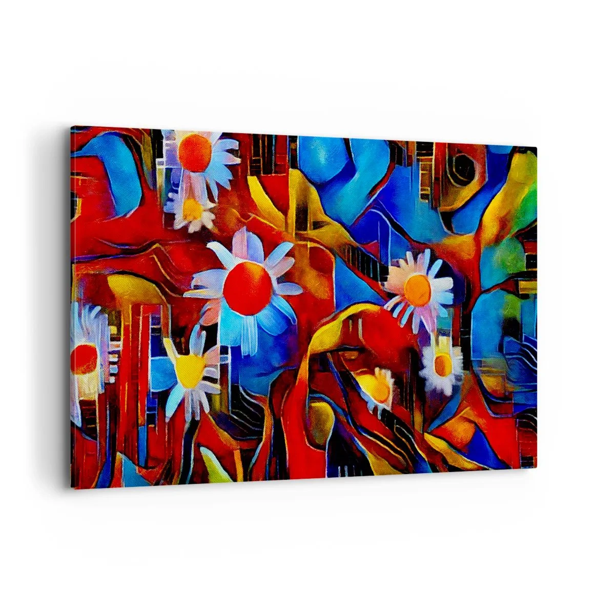 Impression sur toile - Image sur toile - Fleurs abstraites sur fond de motifs géométriques - 120x80cm - Les couleurs de la vie - Décoration murale moderne pour le salon et la chambre ARTTOR