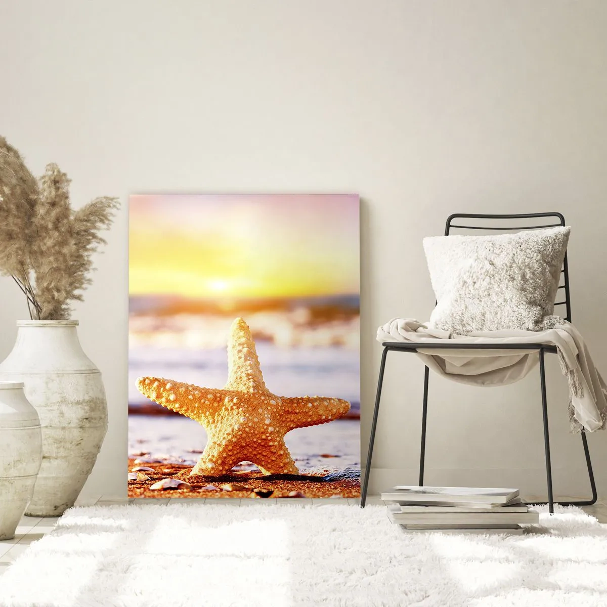 Impression sur verre - Image sur verre - Étoiles de mer sur la plage à la lumière du soleil couchant - 50x70cm - Cadeau de la mer - Décoration murale moderne pour le salon et la chambre ARTTOR