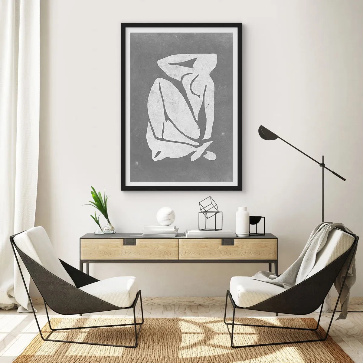 Affiche dans un cadre noir - Poster - Une silhouette minimaliste d'une femme dans des tons de gris - 50x70cm - En pensée - Décoration murale moderne pour le salon et la chambre ARTTOR