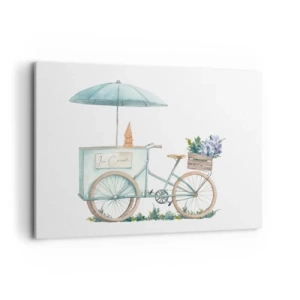Impression sur toile - Image sur toile - Un vélo avec de la glace et des fleurs sous un parapluie aux couleurs pastel délicates - 100x70cm - Doux souvenir d'été - Décoration murale moderne pour le salon et la chambre ARTTOR