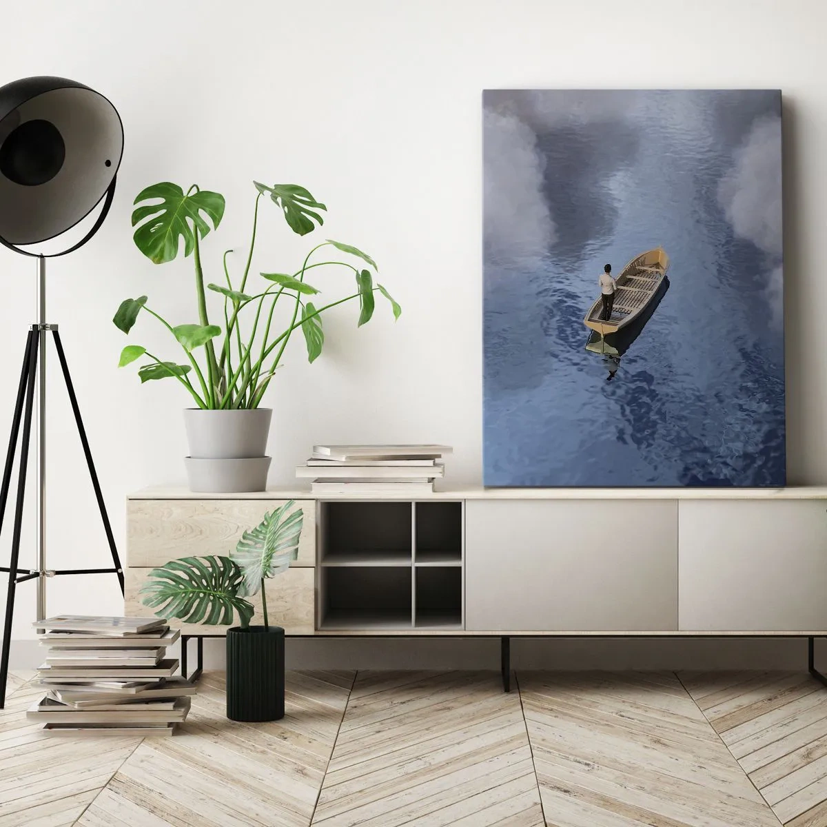 Impression sur toile - Image sur toile - Un homme dans un bateau sur une mer calme entourée de nuages - 80x120cm - Vie – voyage – inconnu - Décoration murale moderne pour le salon et la chambre ARTTOR