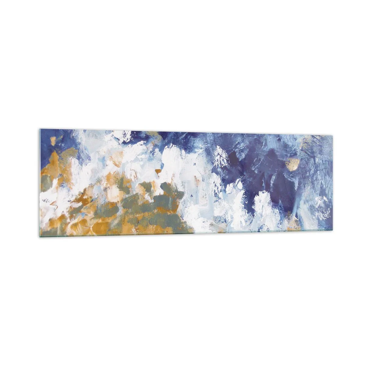 Impression sur verre - Image sur verre - Abstraction dans les tons de bleu, blanc et or - 160x50cm - Danse des éléments - Décoration murale moderne pour le salon et la chambre ARTTOR