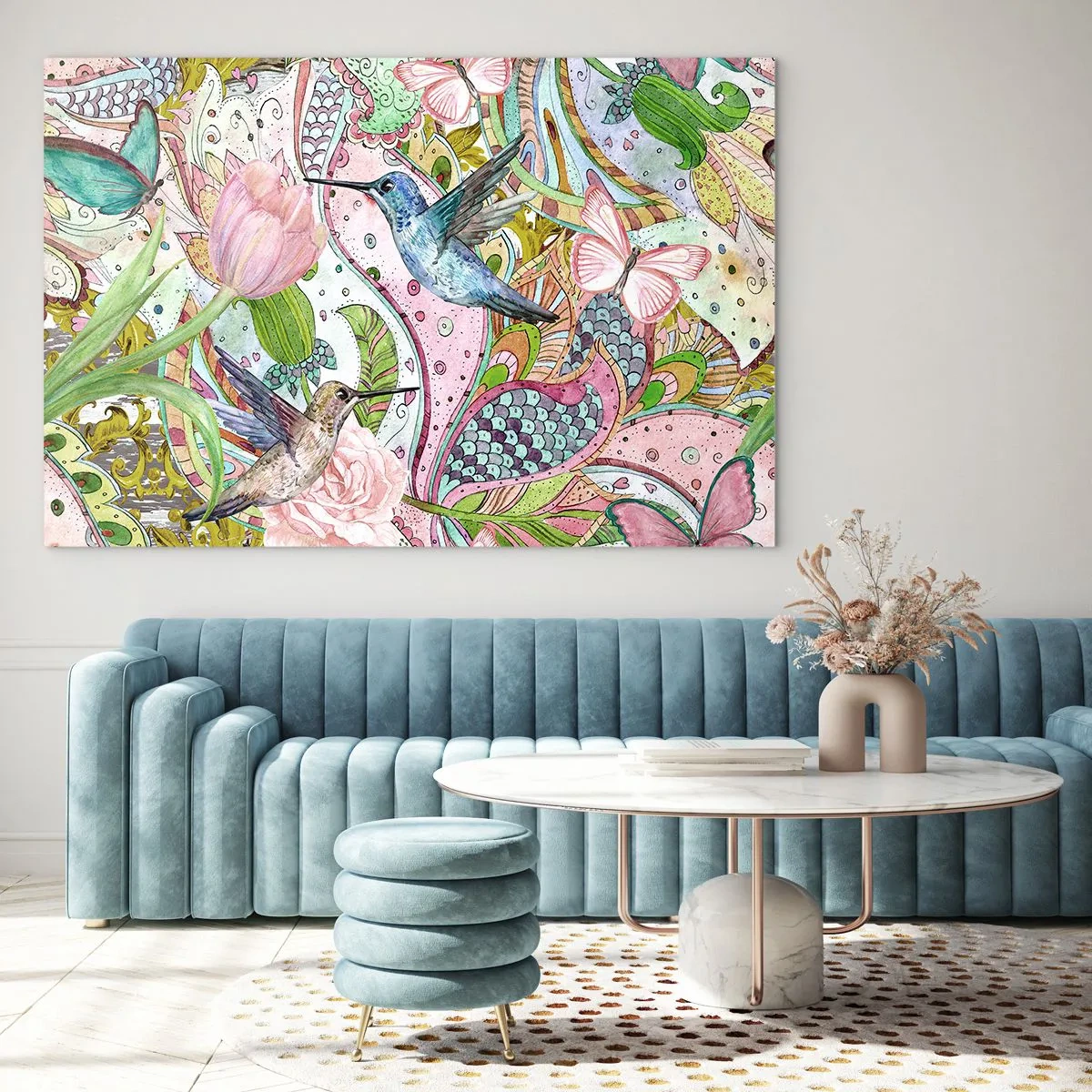 Impression sur verre - Image sur verre - Colibris colorés parmi les fleurs et les papillons - 120x80cm - Empêtré dans les vignes - Décoration murale moderne pour le salon et la chambre ARTTOR