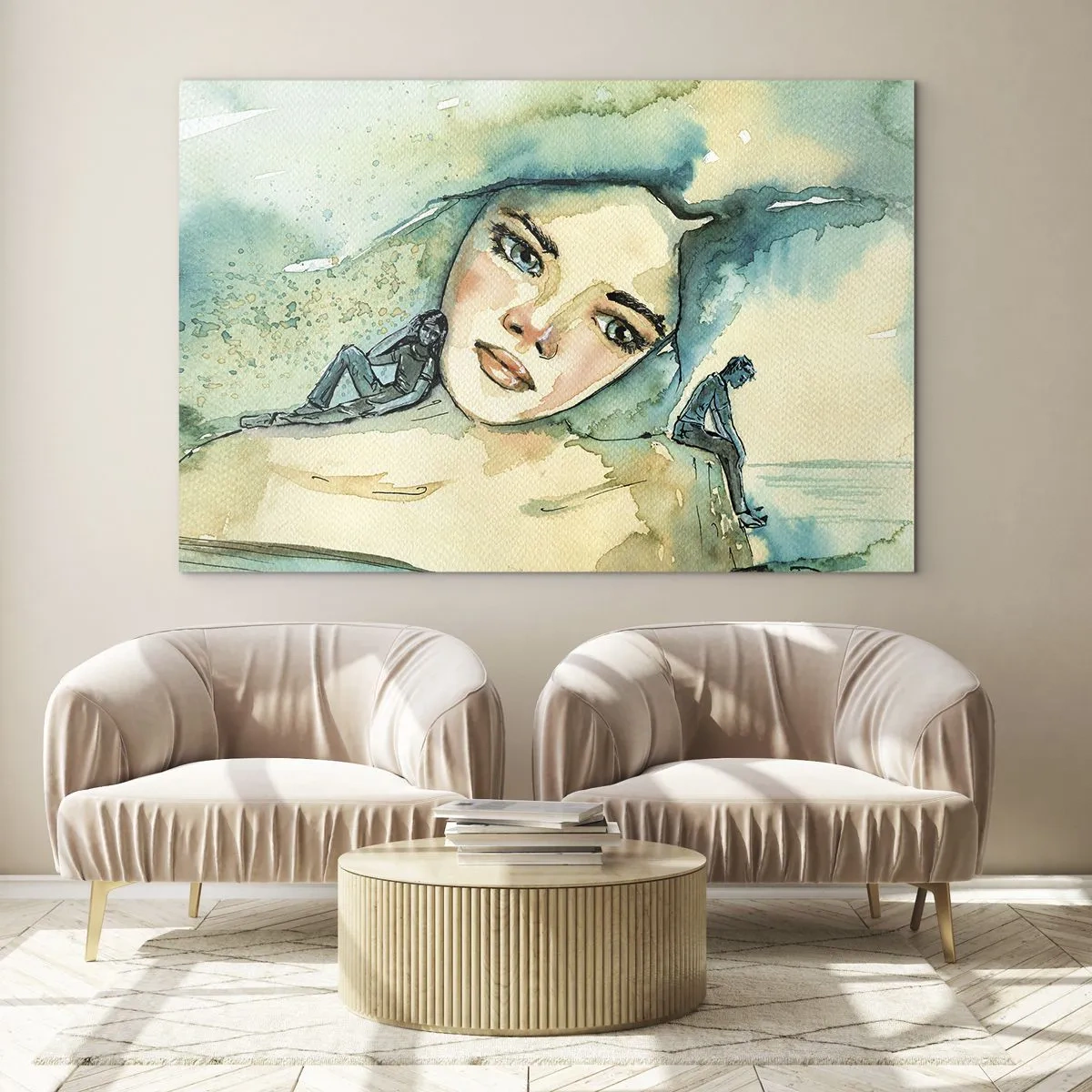 Impression sur verre - Image sur verre - Portrait d'une femme dans un style aquarelle avec des silhouettes de personnages - 120x80cm - Suis-je bleu? - Décoration murale moderne pour le salon et la chambre ARTTOR