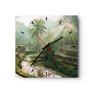 Horloge murale - Pendule murale - Rizières en terrasses avec palmiers sous les rayons du soleil - 30x30cm - Grandir au soleil - Décoration murale moderne pour le salon et la chambre ARTTOR