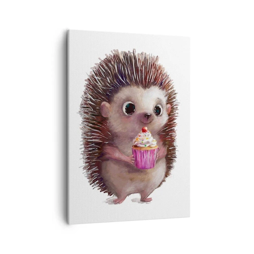 Impression sur toile - Image sur toile - Un hérisson mignon avec un cupcake - 50x70cm - La fête c'est tous les jours - Décoration murale moderne pour le salon et la chambre ARTTOR
