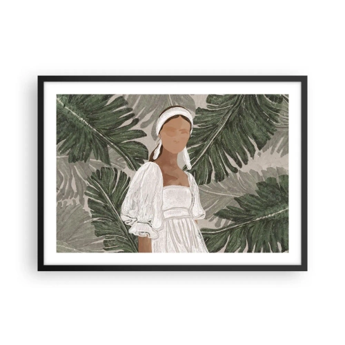 Affiche dans un cadre noir - Poster - Portrait d'une femme en robe blanche sur fond de feuilles de monstera - 70x50cm - Portrait exotique - Décoration murale moderne pour le salon et la chambre ARTTOR