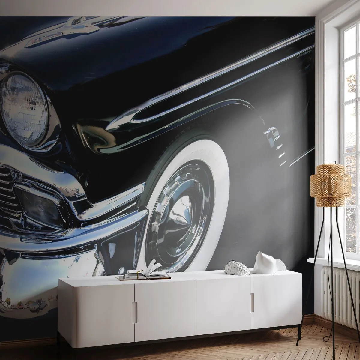 Papier Peint Photo Premium Sand - Gros plan d'une voiture noire classique - 100x70cm - Classique en argent, noir et blanc - Décoration murale moderne pour le salon et la chambre ARTTOR